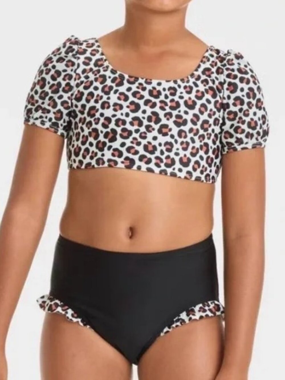 Cat & Jack Girls 2 Pc Leopard Print Swimsuit Short Sleeves NWT Size XS 4 - 5